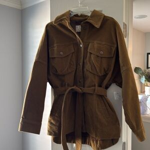 We the free jacket , brown , size M 
Longer in back detail , ties at waist .